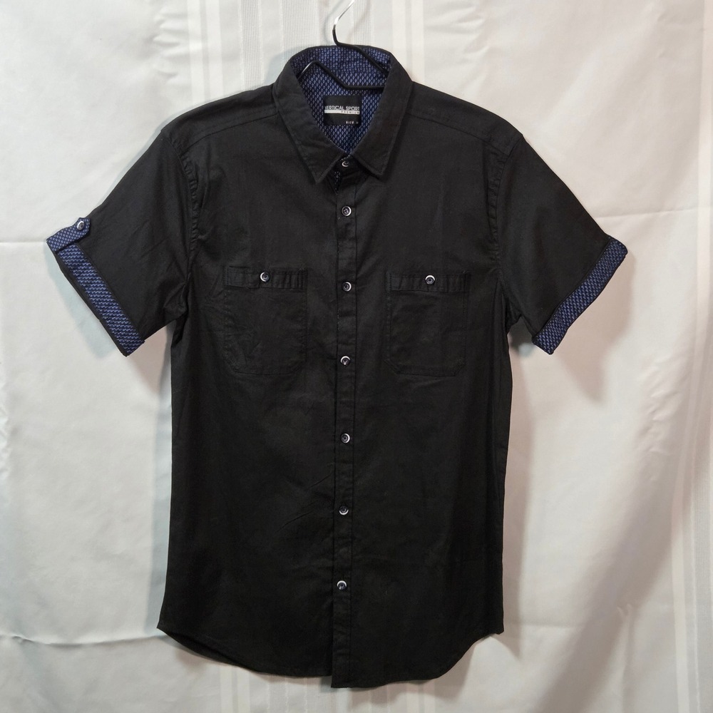 Vertical Sport Button Down Shirt Mens M Black SHMST050B Short Sleeve Stretch